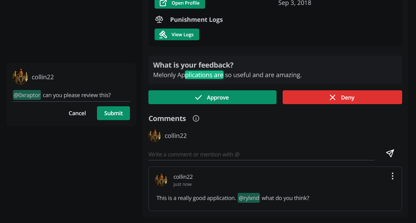 application comments