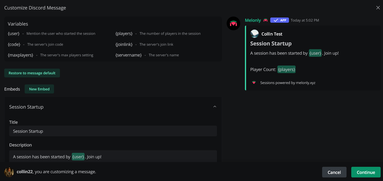 customize session messages